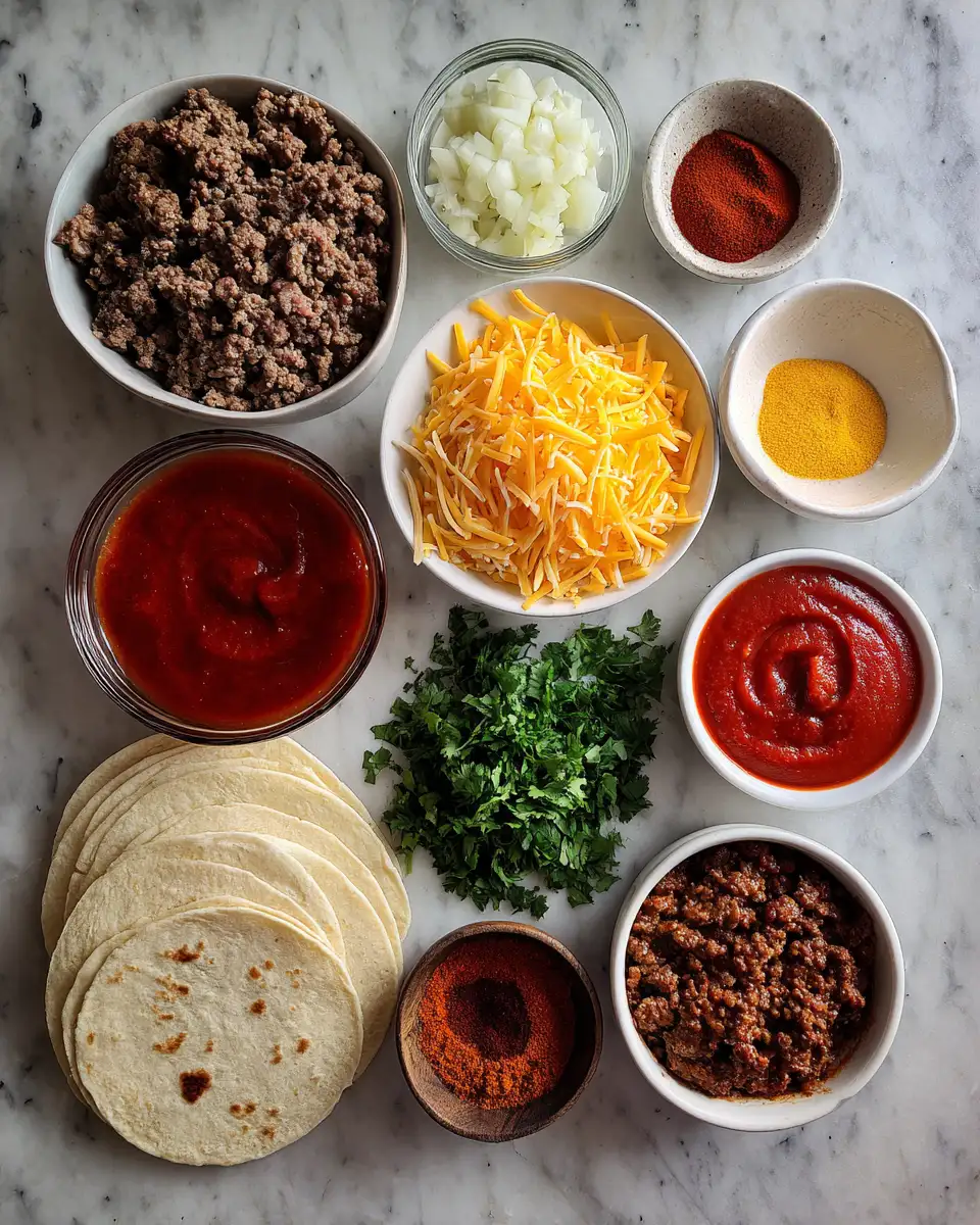 Sizzling Ground Beef Enchiladas with Zesty Red Sauce 5 Ingredients for Sizzling Ground Beef Enchiladas with Zesty Red Sauce