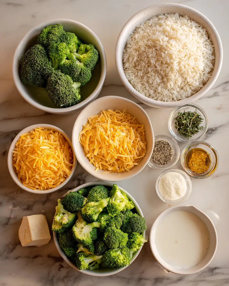 Ingredients for The Ultimate Cheesy Broccoli Rice Bake Your Family Will Love