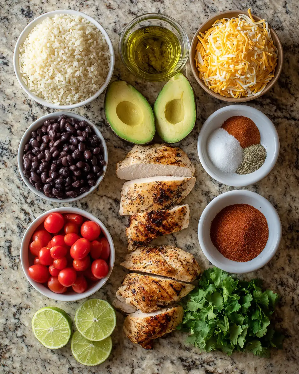 Ingredients for Sizzling Grilled Chicken Burrito Bowl Bliss