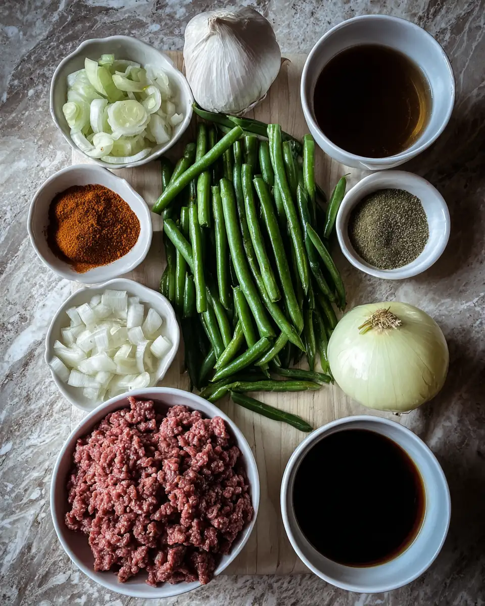 Savory Skillet Sensation: Ground Beef and Green Beans Delight 5 Ingredients for Savory Skillet Sensation: Ground Beef and Green Beans Delight