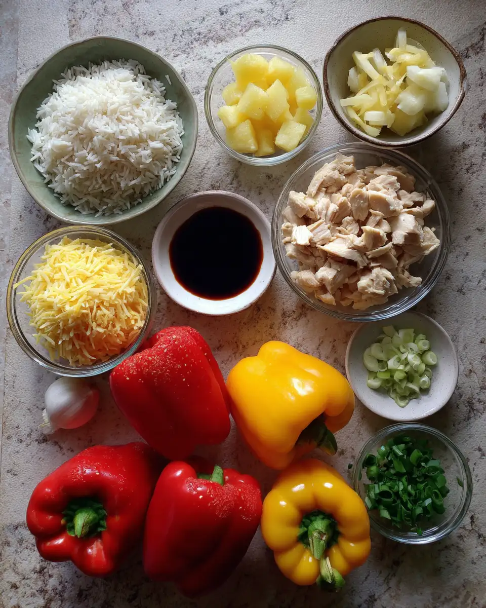 Ingredients for Sweet and Savory Teriyaki Pineapple Chicken and Rice Stuffed Peppers Recipe