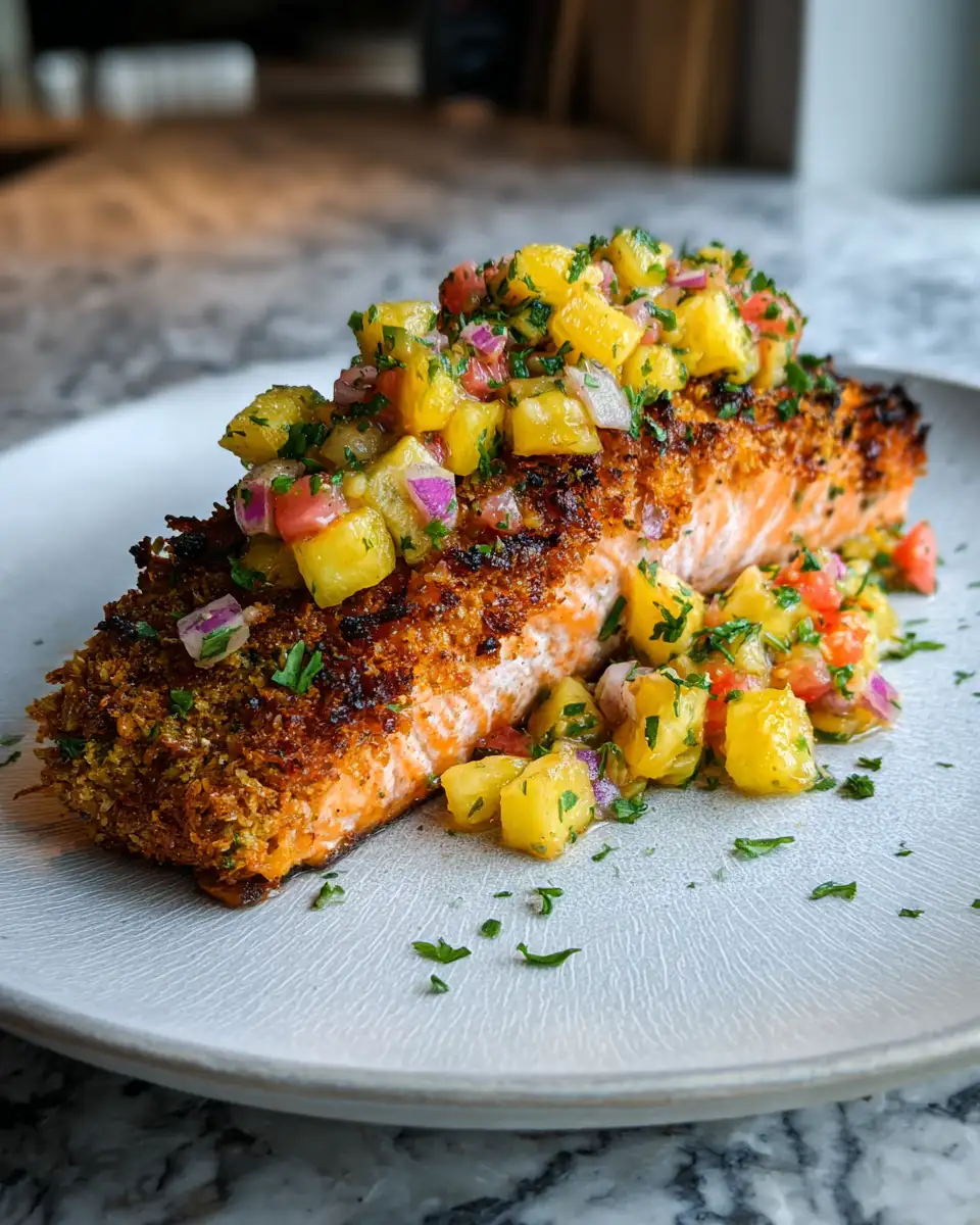 Tropical Coconut Crusted Salmon with Pineapple Salsa Recipe That Will Transport Your Taste Buds 7 Final dish - Tropical Coconut Crusted Salmon with Pineapple Salsa Recipe That Will Transport Your Taste Buds