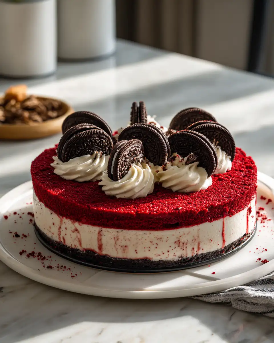 Indulge in the Ultimate Velvety Red Velvet Oreo Cheesecake Recipe 7 Final dish - Indulge in the Ultimate Velvety Red Velvet Oreo Cheesecake Recipe