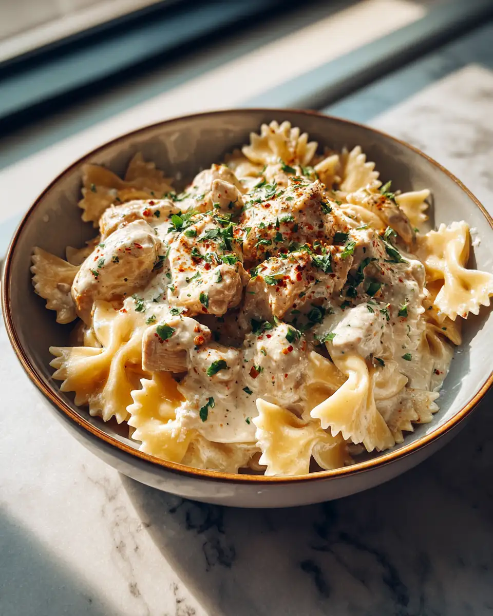 Irresistible Cheesy Garlic Butter Chicken Bowties in Velvety Mozzarella Cream Sauce - Featured Image