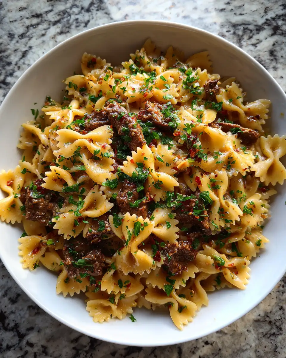 Final dish - Garlic Butter Bowtie Pasta with Beef Perfection A Flavorful Feast
