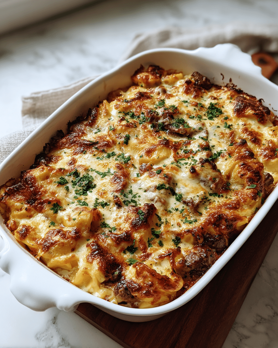 Final dish - Irresistible Comfort: Golden Cheese Steak Tortellini Casserole Delight