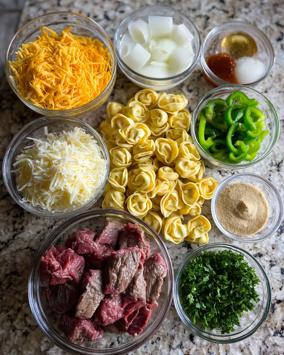 Ingredients for Irresistible Comfort: Golden Cheese Steak Tortellini Casserole Delight