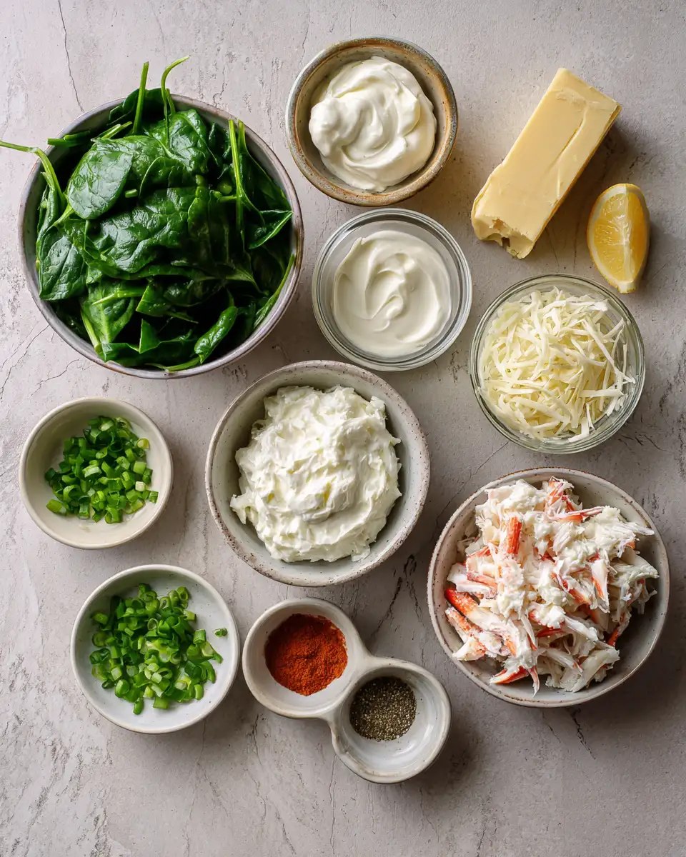 Ingredients for Sizzling Hot Crab Spinach Dip: A Creamy Delight for Your Taste Buds