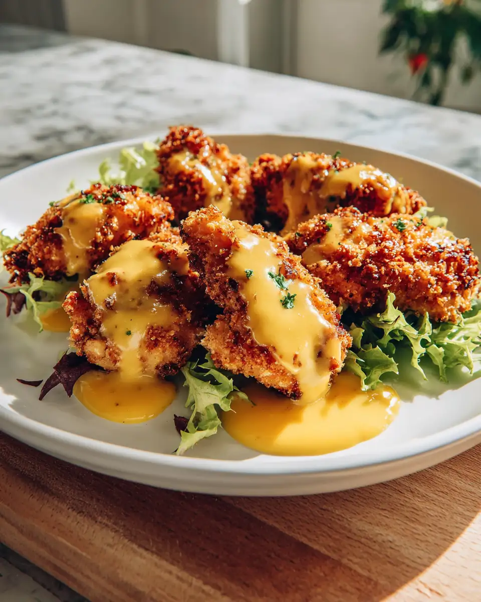 Crunchy Pretzel Chicken with Tangy Mustard-Cheddar Sauce Recipe - Featured Image