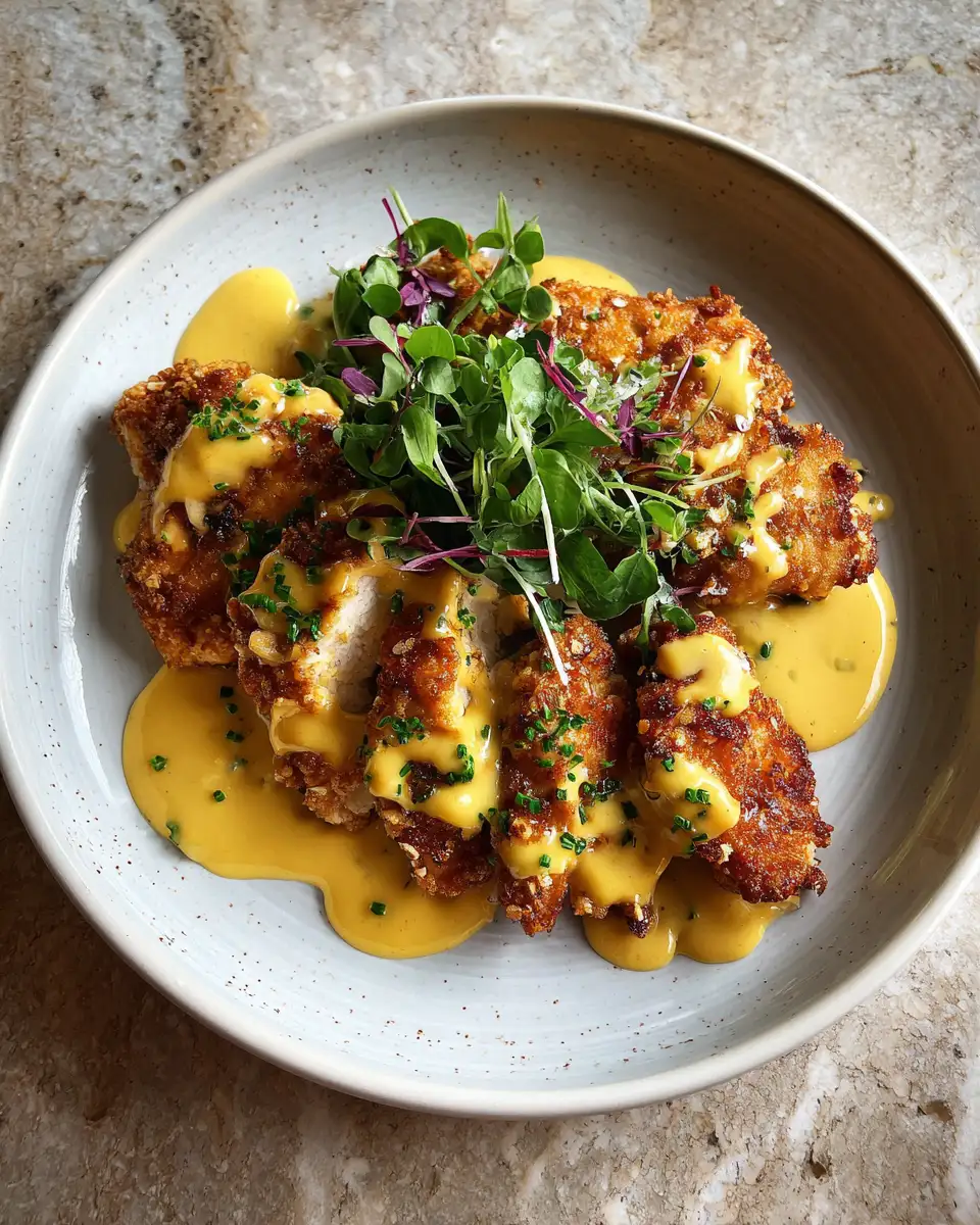 Final dish - Crunchy Pretzel Chicken with Tangy Mustard-Cheddar Sauce Recipe