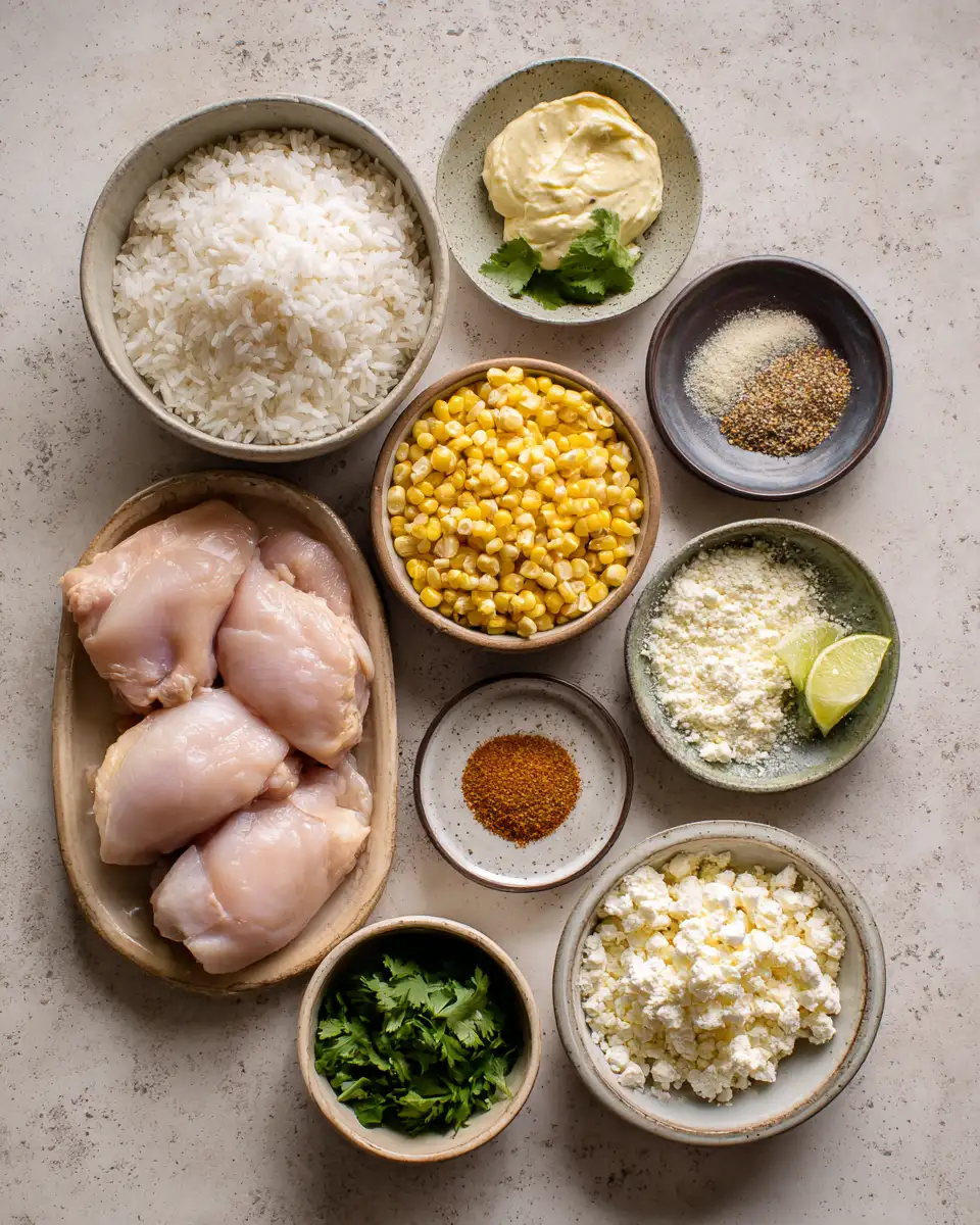 Savory Chicken Rice Bowl with a Zesty Street Corn Twist 5 Ingredients for Savory Chicken Rice Bowl with a Zesty Street Corn Twist