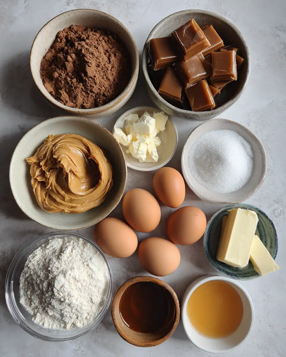Ingredients for Irresistible Chocolate Peanut Butter Cookies with Gooey Caramel Delight
