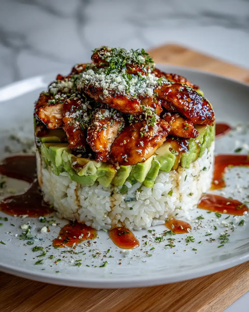 Final dish - Sweet and Savory Honey Lime Chicken and Avocado Rice Stack Recipe
