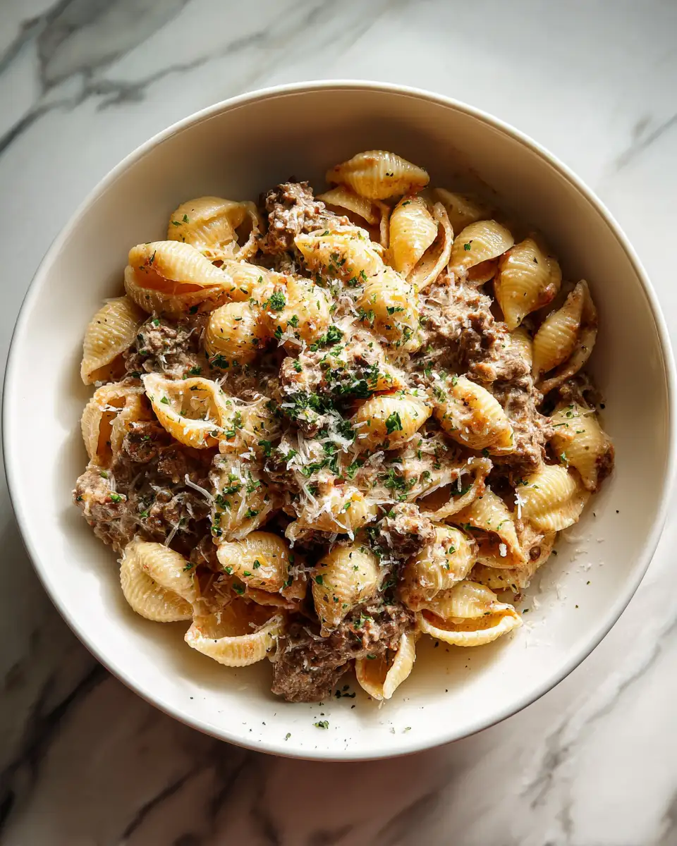 Final dish - One-Pot Creamy Beef and Shells Recipe for Effortless Comfort Food