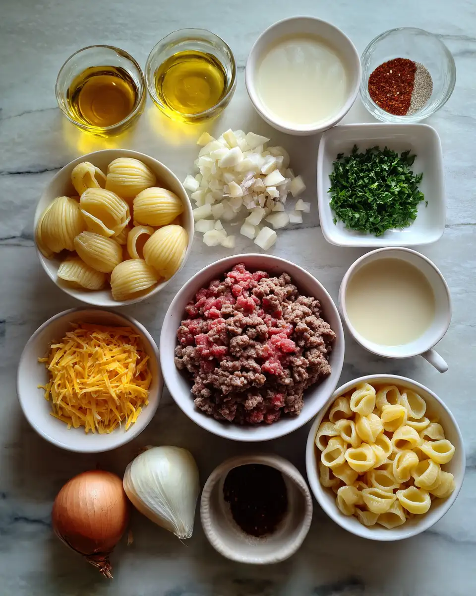 Ingredients for One-Pot Creamy Beef and Shells Recipe for Effortless Comfort Food